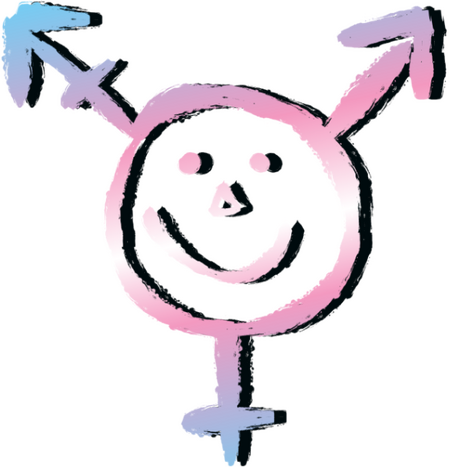 The trans gender-marker symbol with a blue, pink, and white gradient. There is a cute smiley face in the center of it.